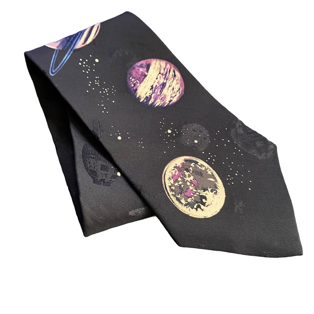 Vintage LeSpace 100% Silk Tie Space Planets Satellite Galaxy Solar System Black